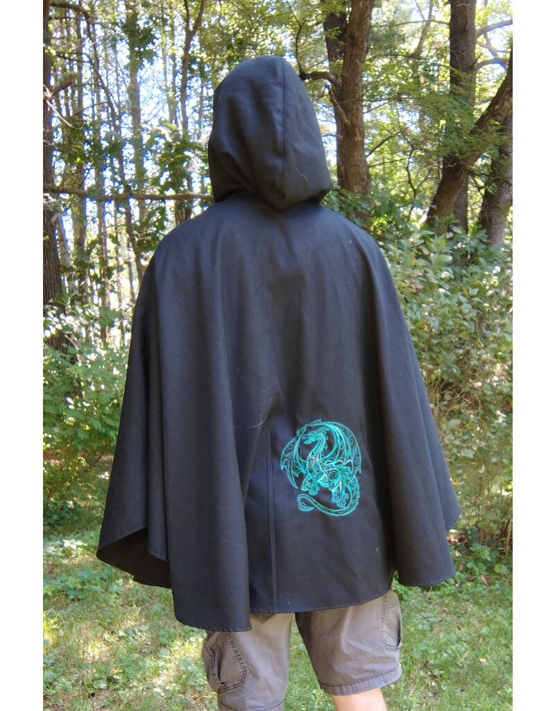Cloakmakers.com 5795-Washable Black Woven Wool Blend Cloak w/ Green Dragon Embroidery
