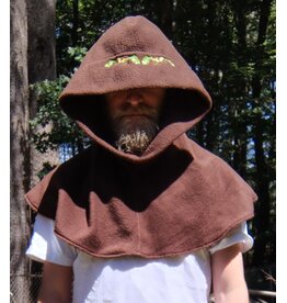 Cloakmakers.com H542-Washable Brown Fleece Hooded Cowl w/ Acorn & Leaves Embroidery