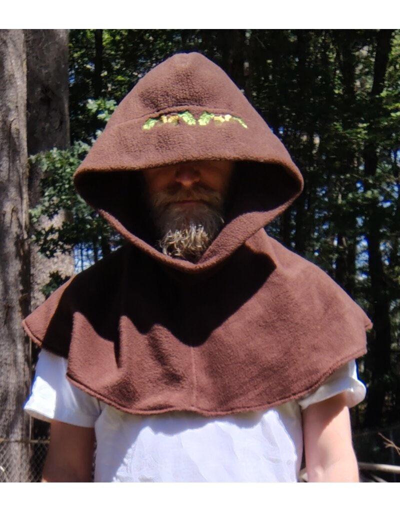Cloakmakers.com H542-Washable Brown Fleece Hooded Cowl w/ Acorn & Leaves Embroidery