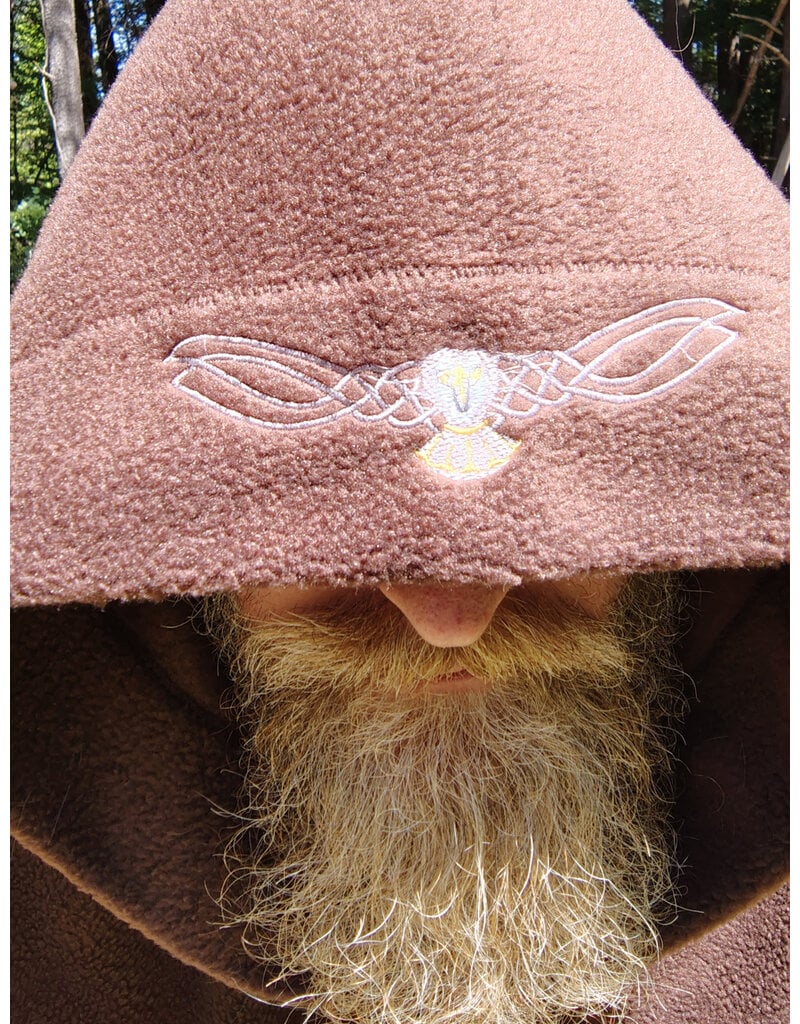 Cloakmakers.com H543-Washable Brown Fleece Hooded Cowl w/ Silver Owl Embroidery