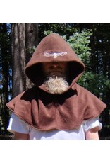 Cloakmakers.com H543-Washable Brown Fleece Hooded Cowl w/ Silver Owl Embroidery