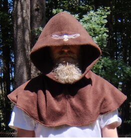 Cloakmakers.com H543-Washable Brown Fleece Hooded Cowl w/ Silver Owl Embroidery