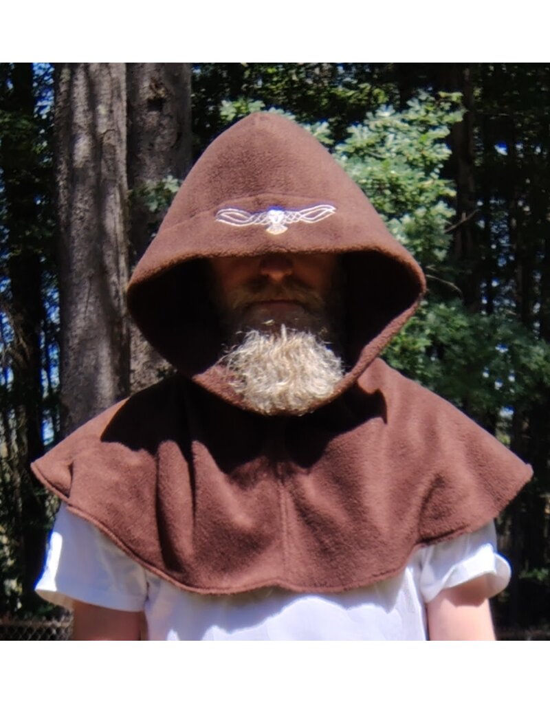 Cloakmakers.com H543-Washable Brown Fleece Hooded Cowl w/ Silver Owl Embroidery