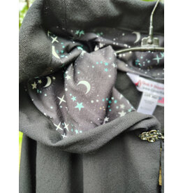 Cloakmakers.com 5799-Washable Lightweight Black Wool Cloak w/ Nighttime Sky Hood Lining & Cat & Moon Embroidery