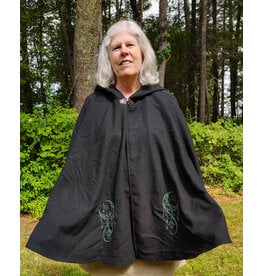 Cloakmakers.com 5802-Washable Black Wool Cloak w/ Green Moon Embroidery & Nighttime Hood Lining