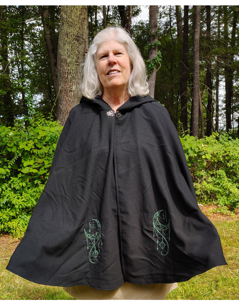 Cloakmakers.com 5802-Washable Black Wool Cloak w/ Green Moon Embroidery & Nighttime Hood Lining