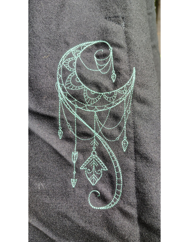 Cloakmakers.com 5802-Washable Black Wool Cloak w/ Green Moon Embroidery & Nighttime Hood Lining