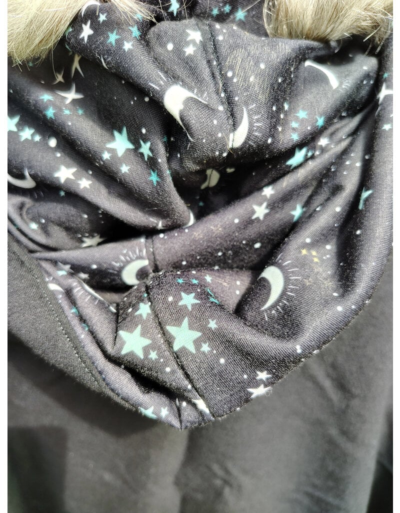 Cloakmakers.com 5802-Washable Black Wool Cloak w/ Green Moon Embroidery & Nighttime Hood Lining