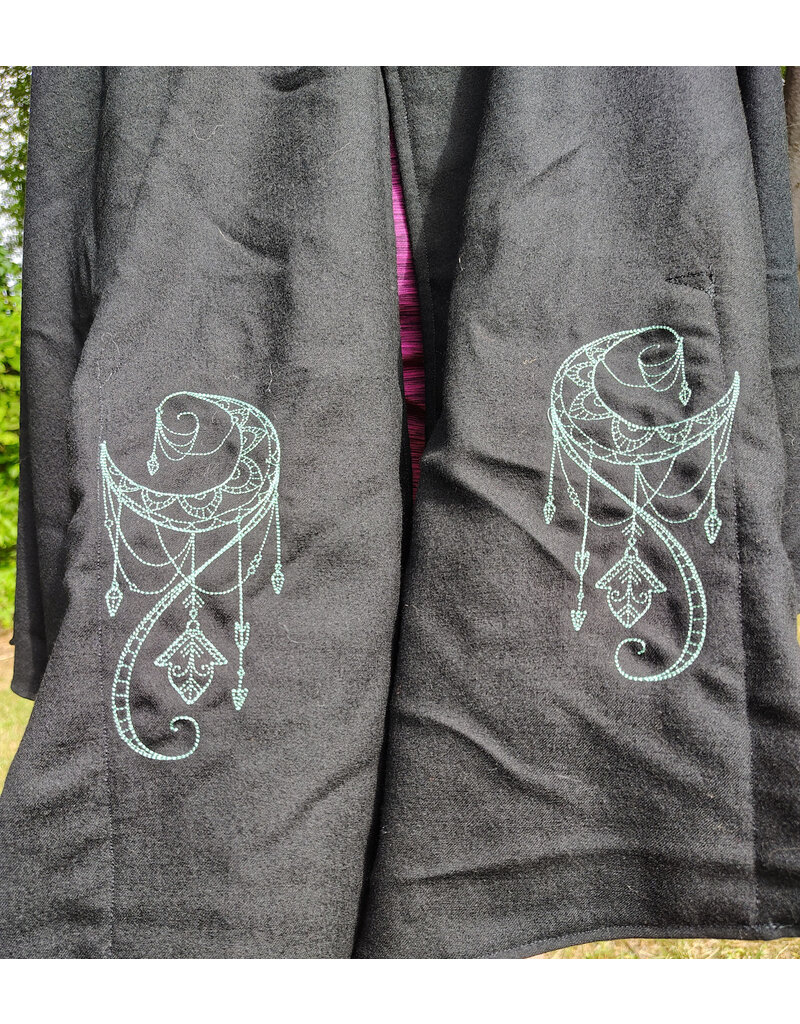 Cloakmakers.com 5802-Washable Black Wool Cloak w/ Green Moon Embroidery & Nighttime Hood Lining