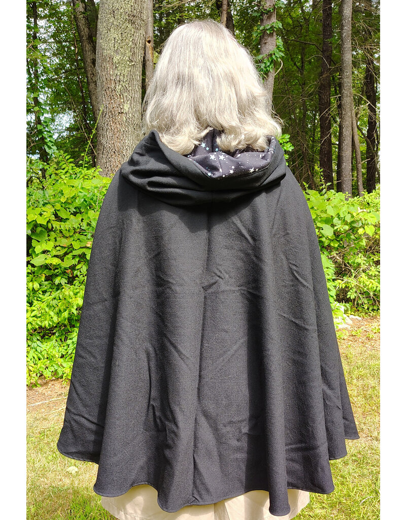 Cloakmakers.com 5802-Washable Black Wool Cloak w/ Green Moon Embroidery & Nighttime Hood Lining