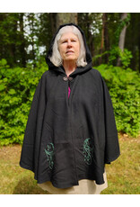 Cloakmakers.com 5802-Washable Black Wool Cloak w/ Green Moon Embroidery & Nighttime Hood Lining