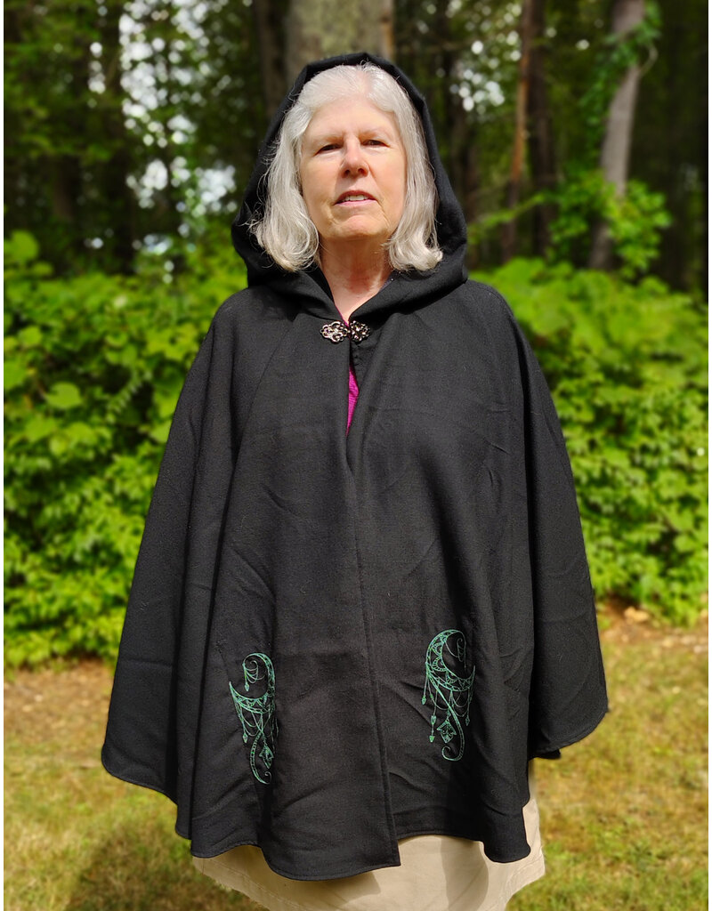 Cloakmakers.com 5802-Washable Black Wool Cloak w/ Green Moon Embroidery & Nighttime Hood Lining