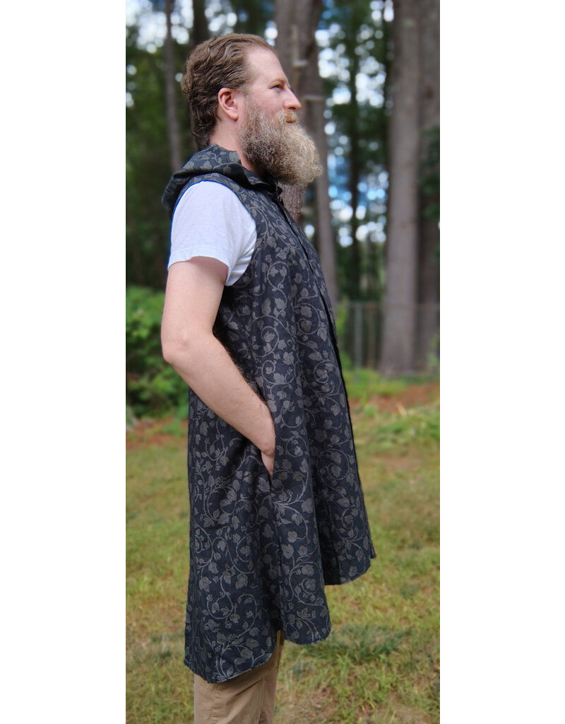 Cloakmakers.com J910-Washable Black Linen Hooded Vest w/ Floral Vine Pattern & Pockets