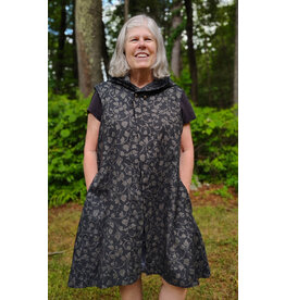 Cloakmakers.com J910-Washable Black Linen Hooded Vest w/ Floral Vine Pattern & Pockets