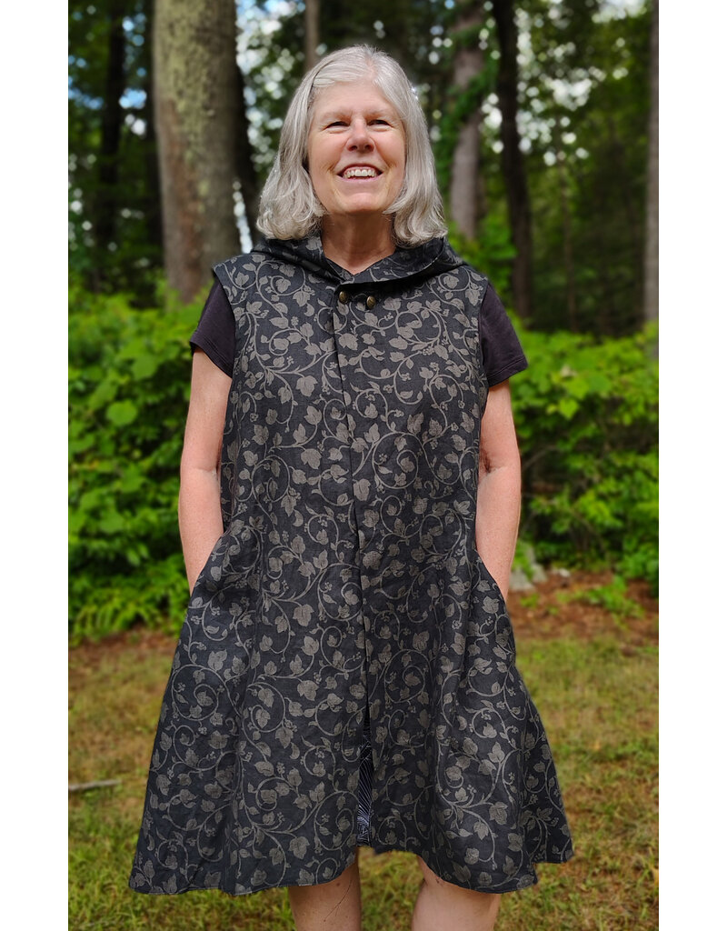 Cloakmakers.com J910-Washable Black Linen Hooded Vest w/ Floral Vine Pattern & Pockets