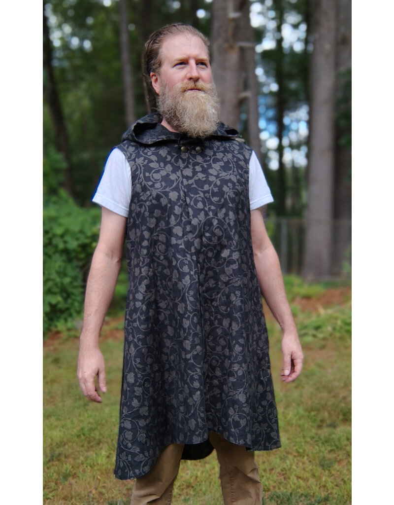 Cloakmakers.com J910-Washable Black Linen Hooded Vest w/ Floral Vine Pattern & Pockets