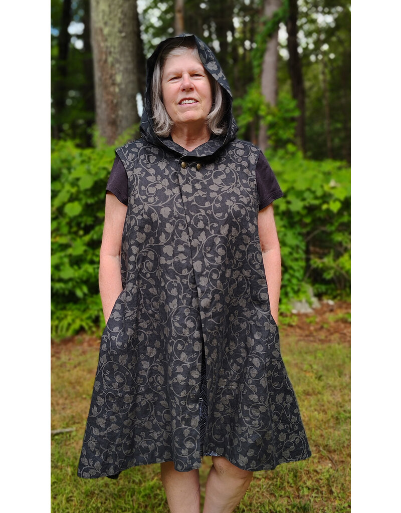 Cloakmakers.com J910-Washable Black Linen Hooded Vest w/ Floral Vine Pattern & Pockets