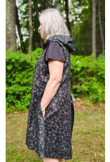 Cloakmakers.com J910-Washable Black Linen Hooded Vest w/ Floral Vine Pattern & Pockets