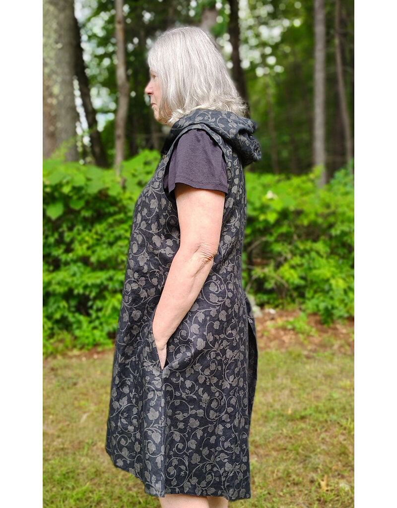 Cloakmakers.com J910-Washable Black Linen Hooded Vest w/ Floral Vine Pattern & Pockets