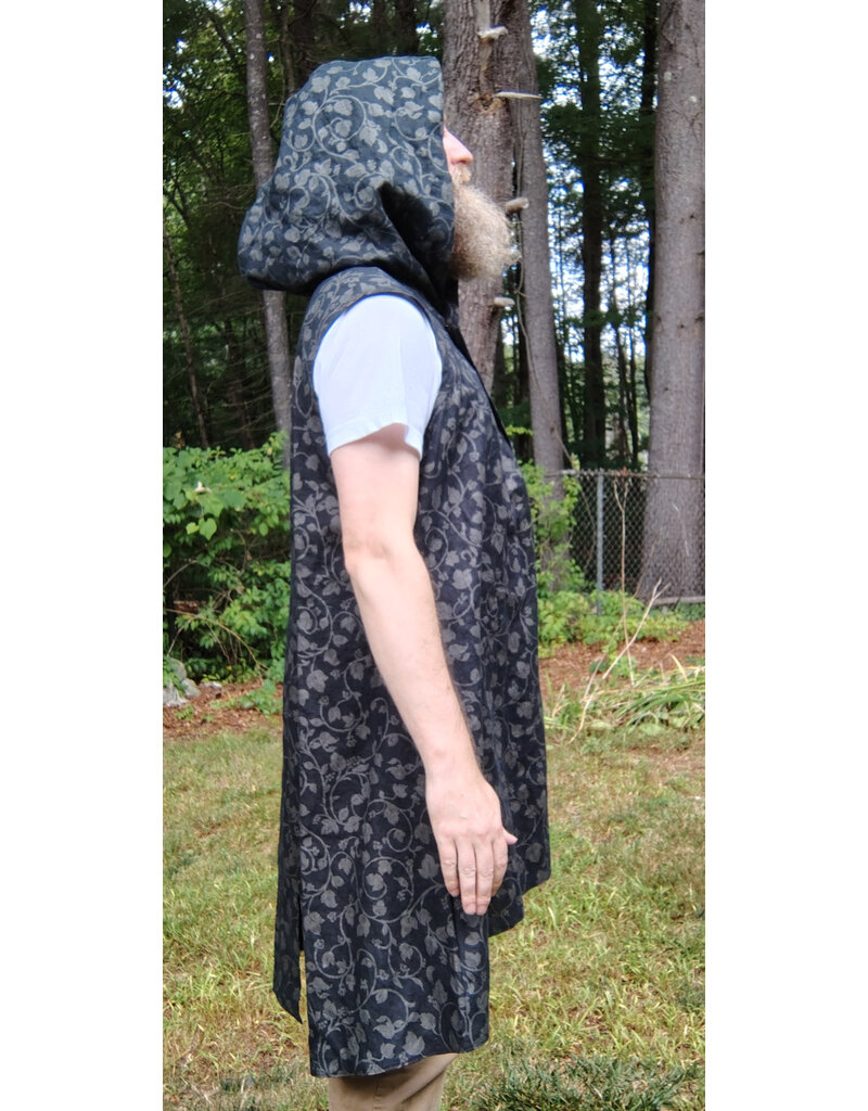 Cloakmakers.com J910-Washable Black Linen Hooded Vest w/ Floral Vine Pattern & Pockets