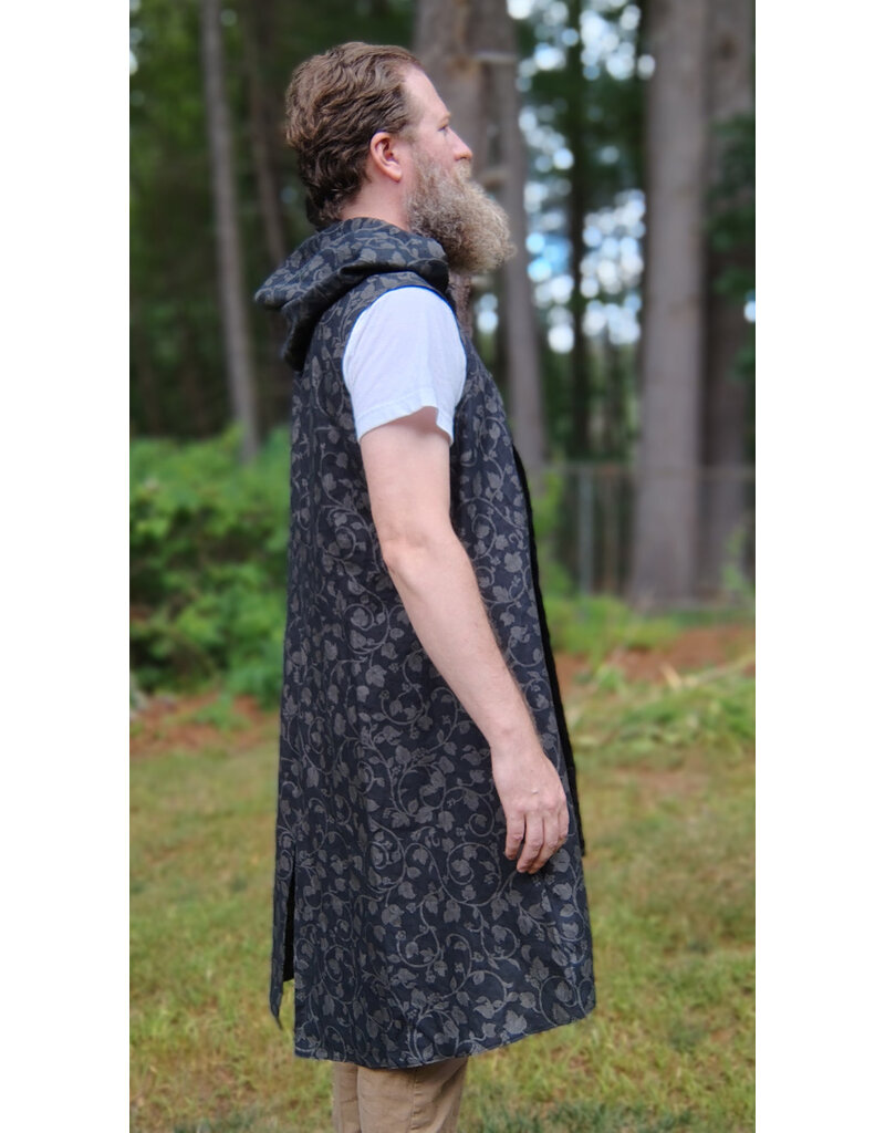 Cloakmakers.com J910-Washable Black Linen Hooded Vest w/ Floral Vine Pattern & Pockets