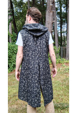 Cloakmakers.com J910-Washable Black Linen Hooded Vest w/ Floral Vine Pattern & Pockets