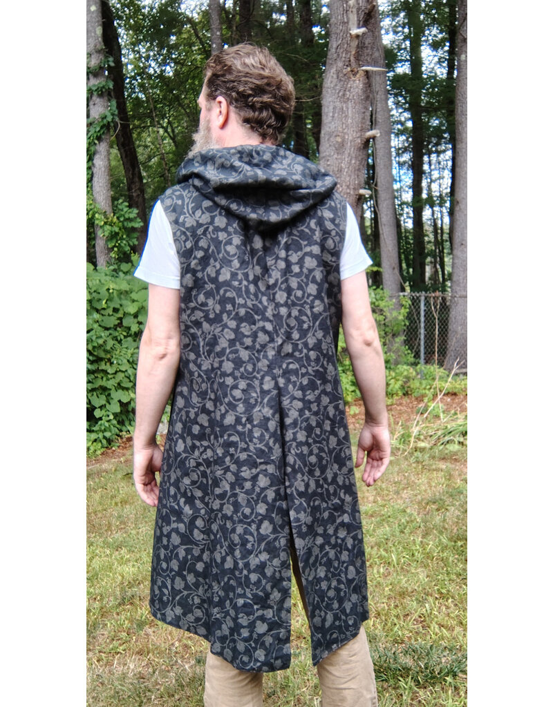 Cloakmakers.com J910-Washable Black Linen Hooded Vest w/ Floral Vine Pattern & Pockets