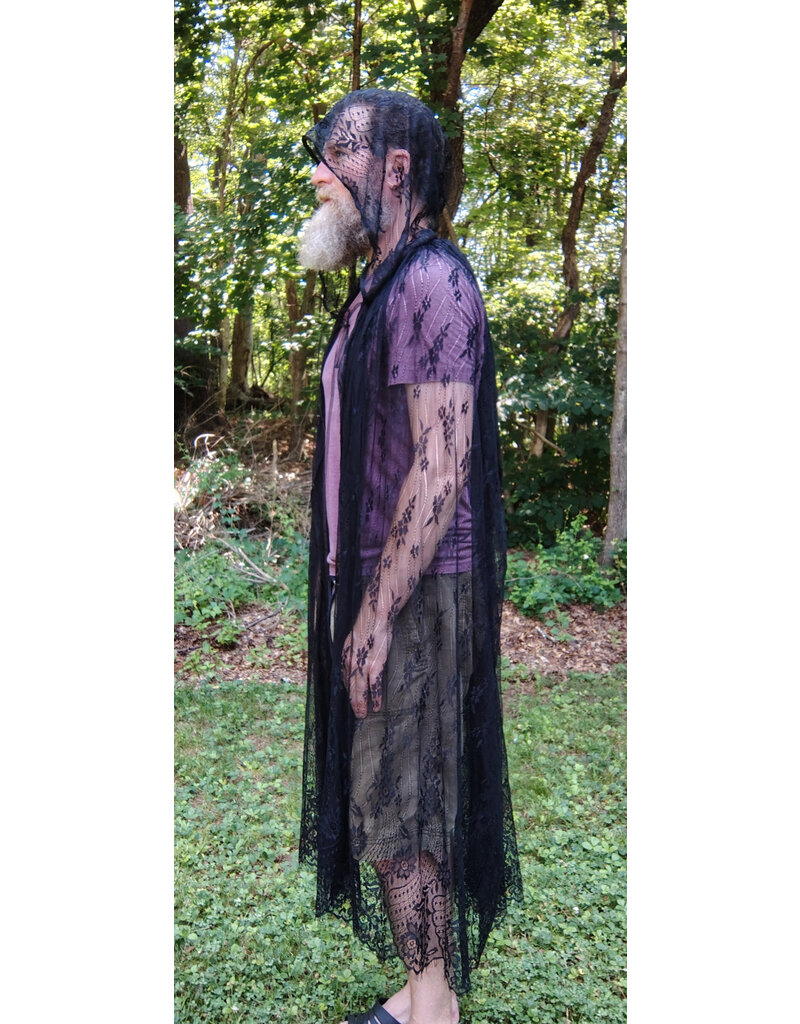 Cloakmakers.com 5754-Washable Sheer Lace Black Hooded Cloak w/Floral Pattern