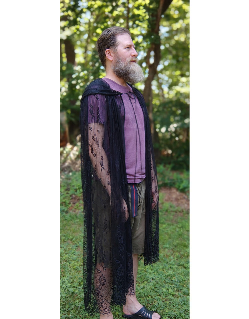 Cloakmakers.com 5754-Washable Sheer Lace Black Hooded Cloak w/Floral Pattern