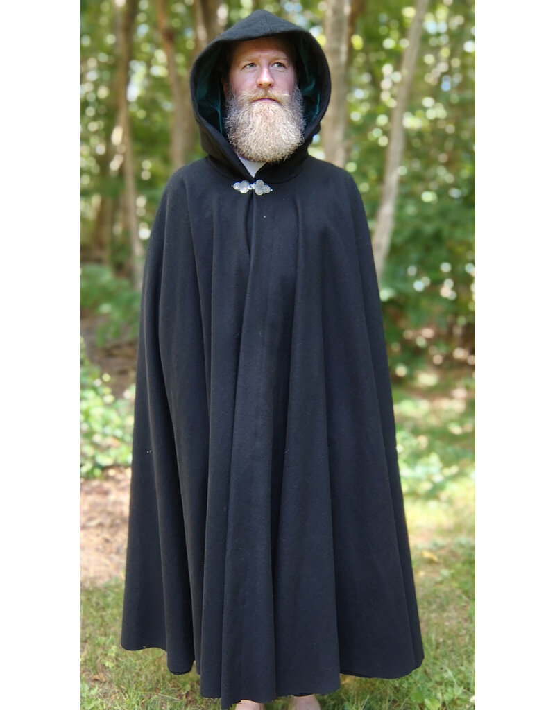 Cloakmakers.com 5808-Washable Black Wool Cloak w/ Forest Green Hood Lining & Triple Medallion Clasp