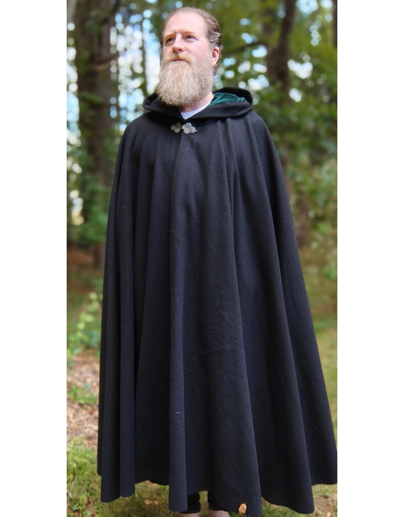 Cloakmakers.com 5808-Washable Black Wool Cloak w/ Forest Green Hood Lining & Triple Medallion Clasp