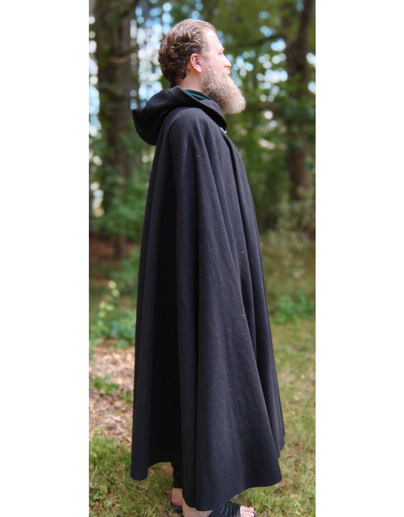 Cloakmakers.com 5808-Washable Black Wool Cloak w/ Forest Green Hood Lining & Triple Medallion Clasp