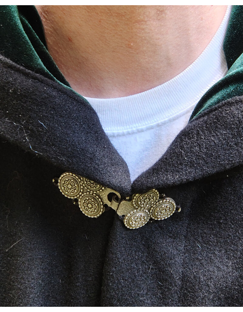 Cloakmakers.com 5808-Washable Black Wool Cloak w/ Forest Green Hood Lining & Triple Medallion Clasp