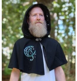 Cloakmakers.com 5809-Washable Black Wool Cloak w/ Cat & Moon Embroidery and Nighttime Hood Lining