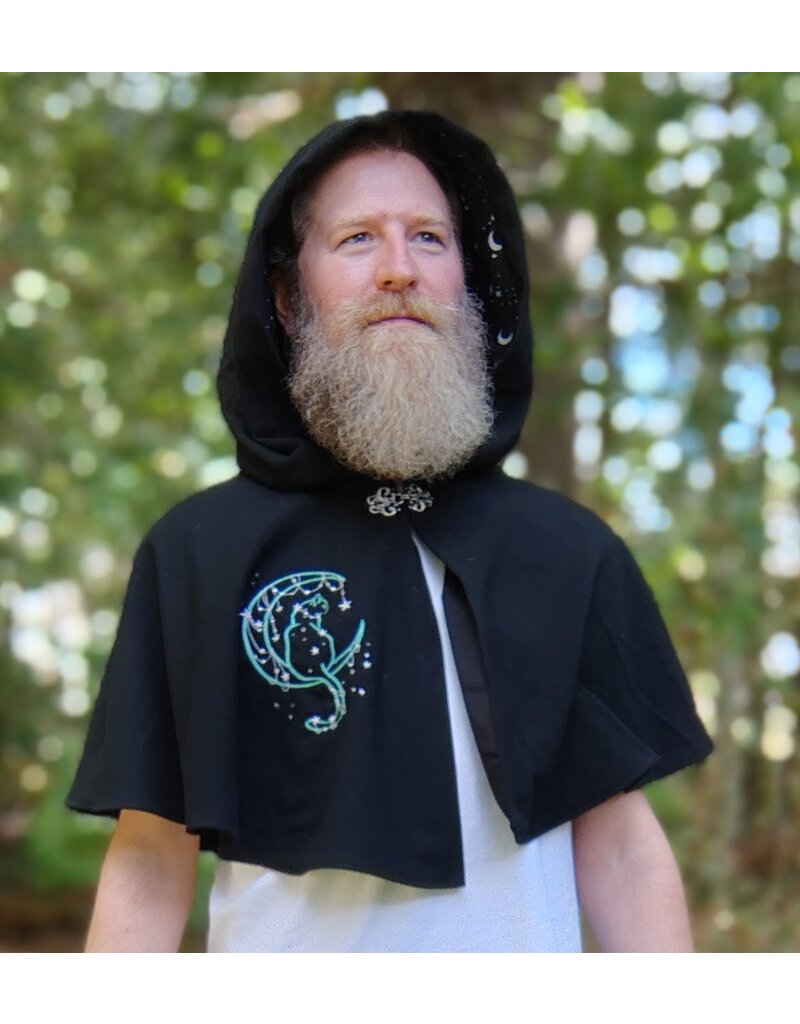 Cloakmakers.com 5809-Washable Black Wool Cloak w/ Cat & Moon Embroidery and Nighttime Hood Lining