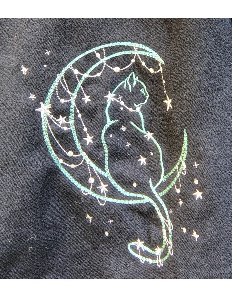 Cloakmakers.com 5809-Washable Black Wool Cloak w/ Cat & Moon Embroidery and Nighttime Hood Lining