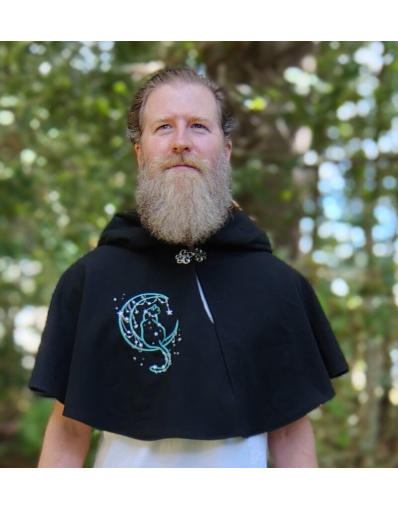 Cloakmakers.com 5809-Washable Black Wool Cloak w/ Cat & Moon Embroidery and Nighttime Hood Lining