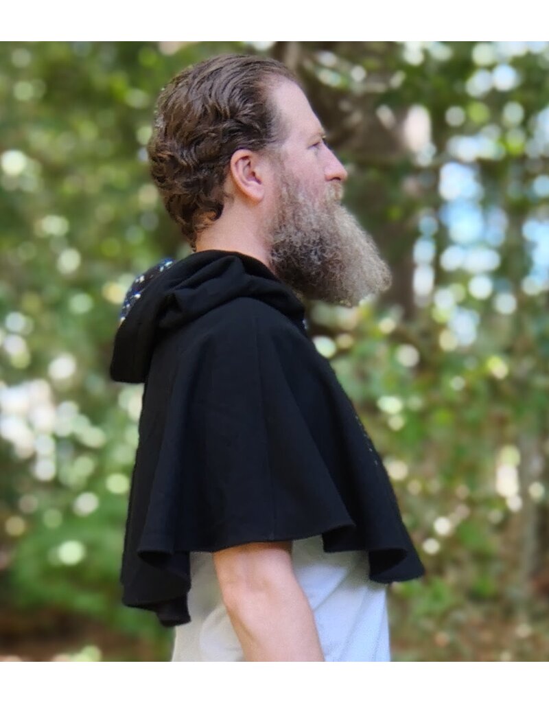 Cloakmakers.com 5809-Washable Black Wool Cloak w/ Cat & Moon Embroidery and Nighttime Hood Lining