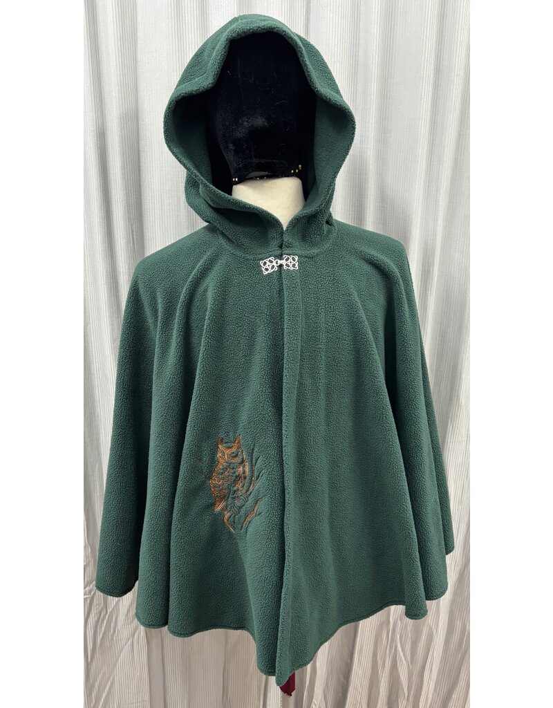 Cloakmakers.com 5695-Washable Forest Green Fleece Cloak w/ Owl Emboidery and Square Celtic Knot Clasp