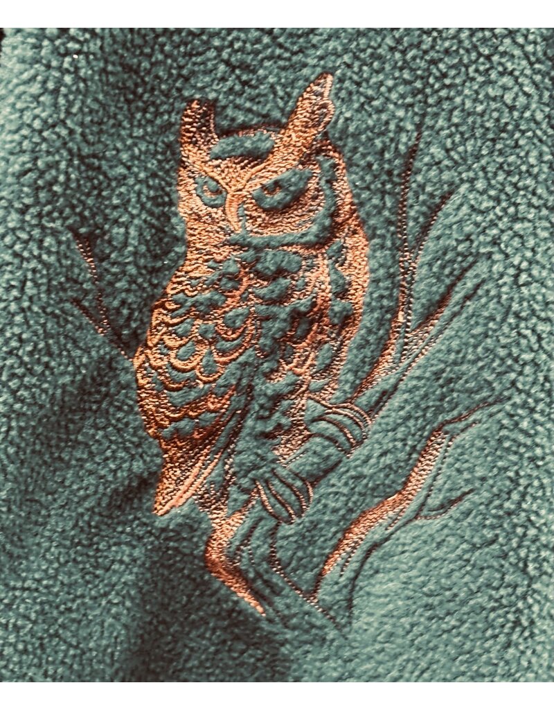 Cloakmakers.com 5695-Washable Forest Green Fleece Cloak w/ Owl Emboidery and Square Celtic Knot Clasp