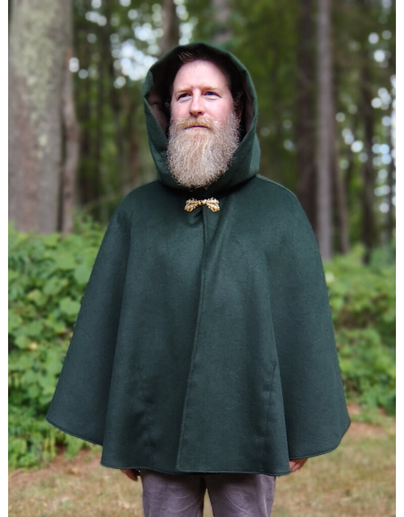 Cloakmakers.com 5813-Short Forest Green Wool Blend Cloak w/ Oak and Acorn Clasp & Brown Hood Lining & Pockets