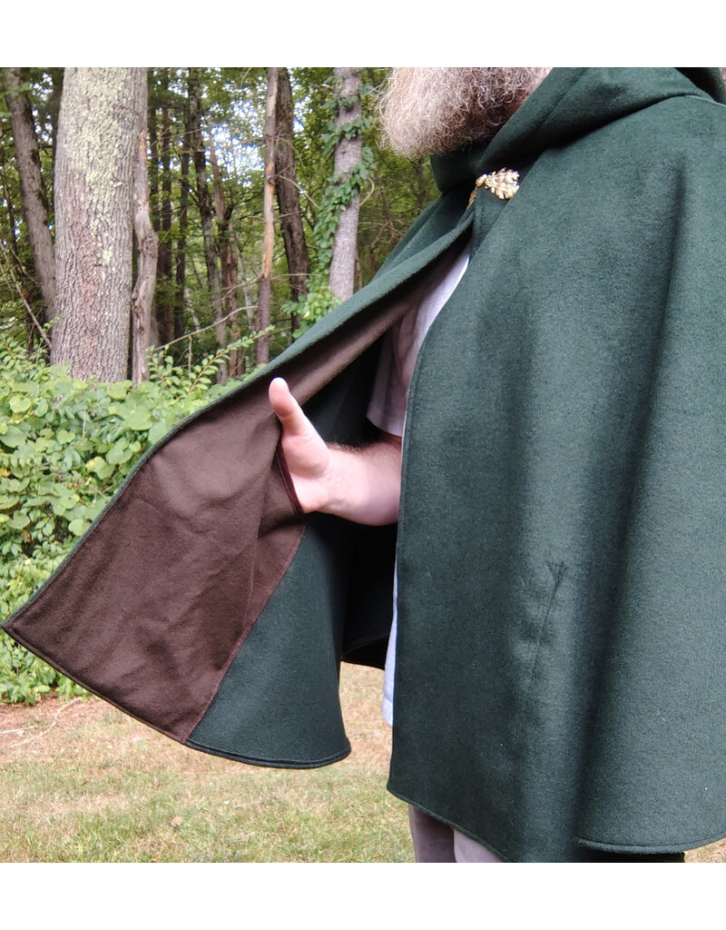 Cloakmakers.com 5813-Short Forest Green Wool Blend Cloak w/ Oak and Acorn Clasp & Brown Hood Lining & Pockets
