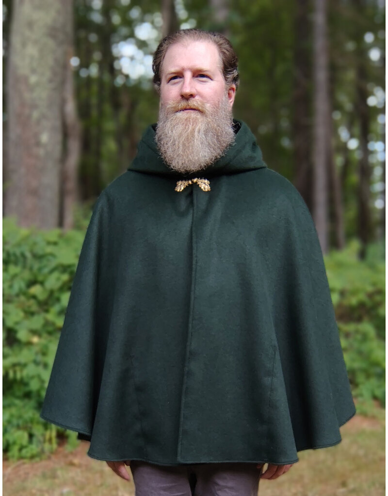 Cloakmakers.com 5813-Short Forest Green Wool Blend Cloak w/ Oak and Acorn Clasp & Brown Hood Lining & Pockets