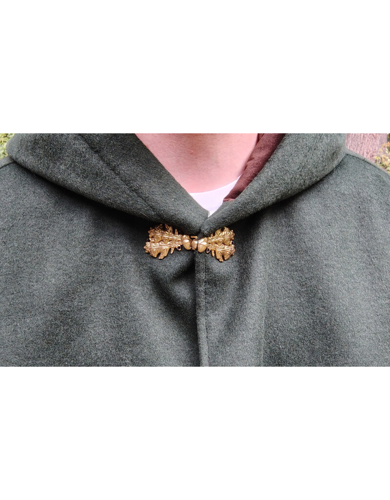 Cloakmakers.com 5813-Short Forest Green Wool Blend Cloak w/ Oak and Acorn Clasp & Brown Hood Lining & Pockets