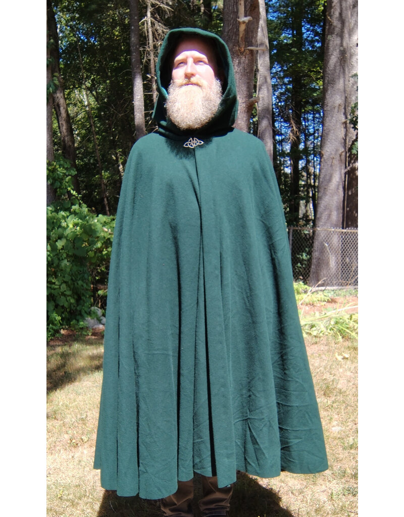 Cloakmakers.com 5817-Washable Forest Green Wool Cloak w/ Green Velvet Hood Lining & Triquetra Clasp