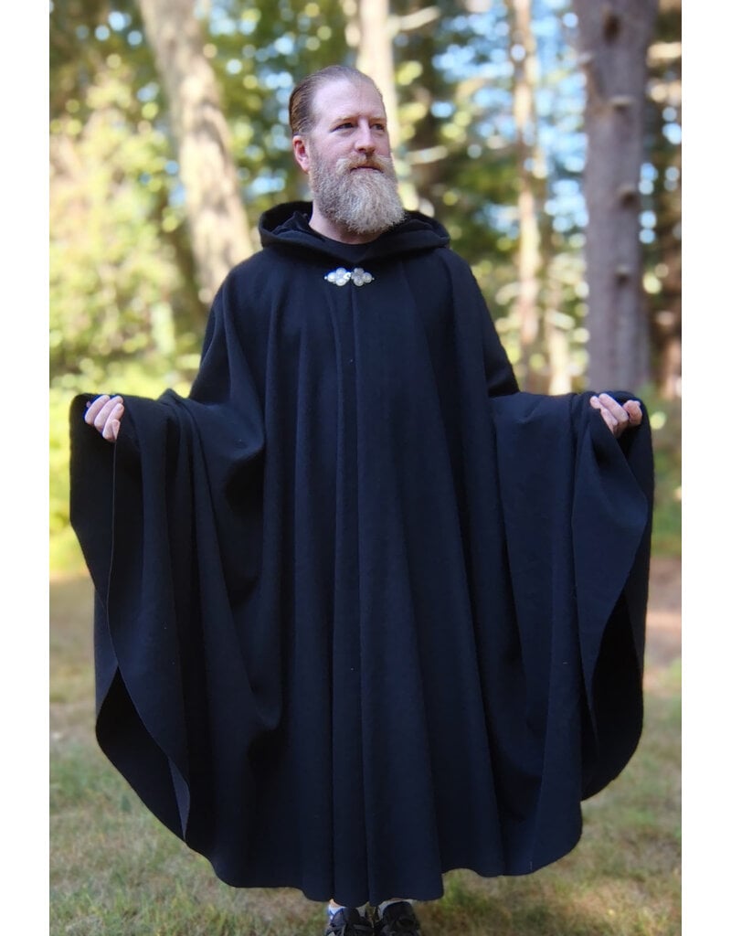 Cloakmakers.com 5818-Washable Black Wool Cloak w/ Black Velveteen Hood Lining and Triple Medallion Clasp
