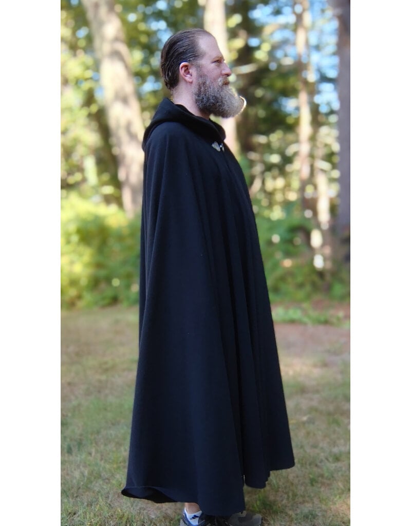 Cloakmakers.com 5818-Washable Black Wool Cloak w/ Black Velveteen Hood Lining and Triple Medallion Clasp