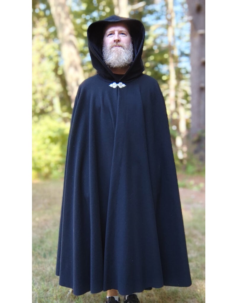 Cloakmakers.com 5818-Washable Black Wool Cloak w/ Black Velveteen Hood Lining and Triple Medallion Clasp