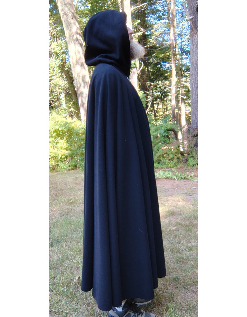 Cloakmakers.com 5818-Washable Black Wool Cloak w/ Black Velveteen Hood Lining and Triple Medallion Clasp