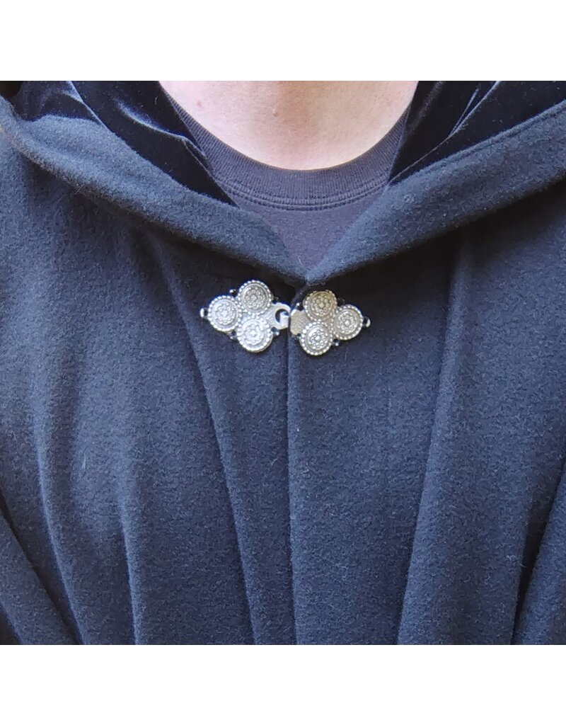 Cloakmakers.com 5818-Washable Black Wool Cloak w/ Black Velveteen Hood Lining and Triple Medallion Clasp